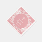 Witte kant op roze doop servet (Hoek)