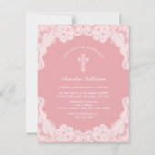 Witte kant op roze doop uitnodiging (Voorkant)