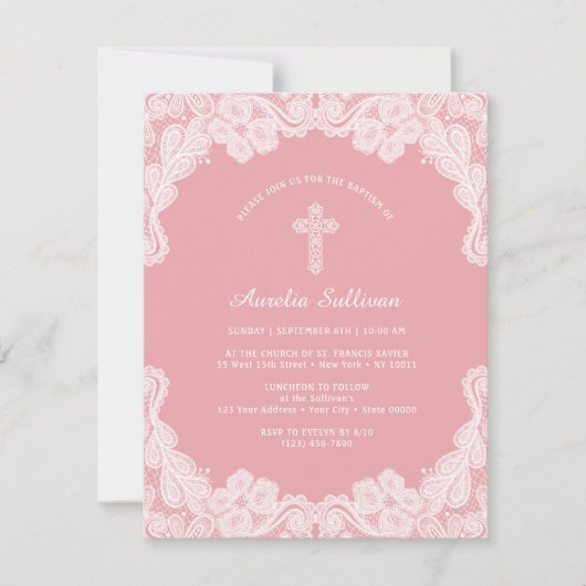 Witte kant op roze doop uitnodiging (Voorkant)