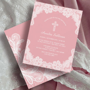 Witte kant op roze doop uitnodiging