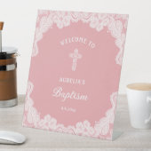 Witte kant op roze doop Welkom Reclamebord Met Voetstuk (Insitu)