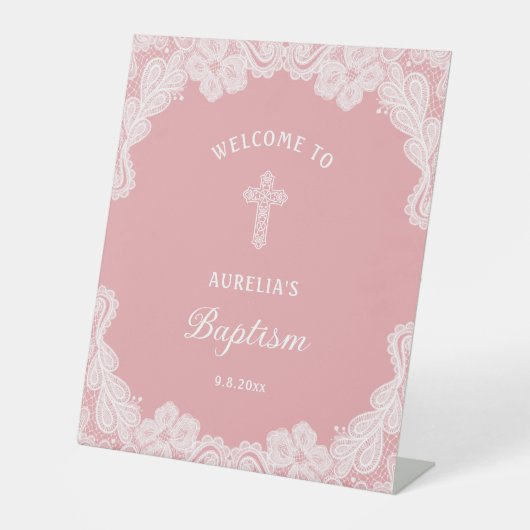 Witte kant op roze doop Welkom Reclamebord Met Voetstuk (Voorkant)
