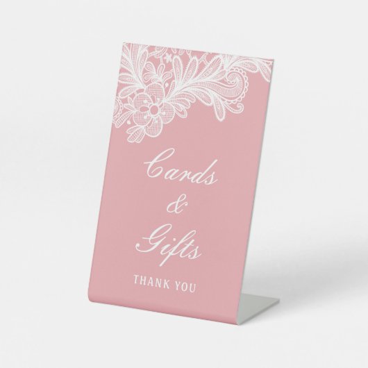 Witte kant op roze Kaarten & geschenken Reclamebord Met Voetstuk (Voorkant)