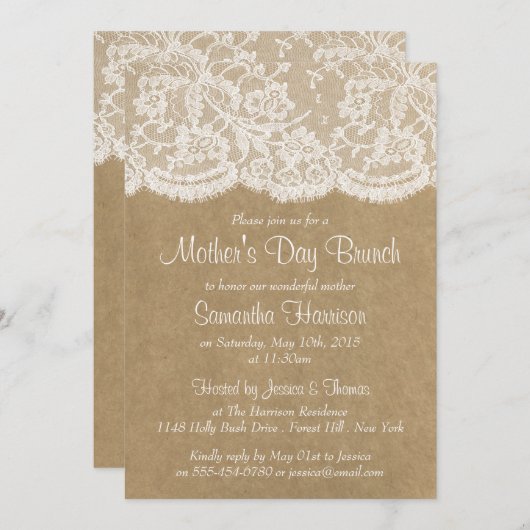 Witte kant op Rustic Kraft Moederdag Brunch Kaart (Voorkant / Achterkant)