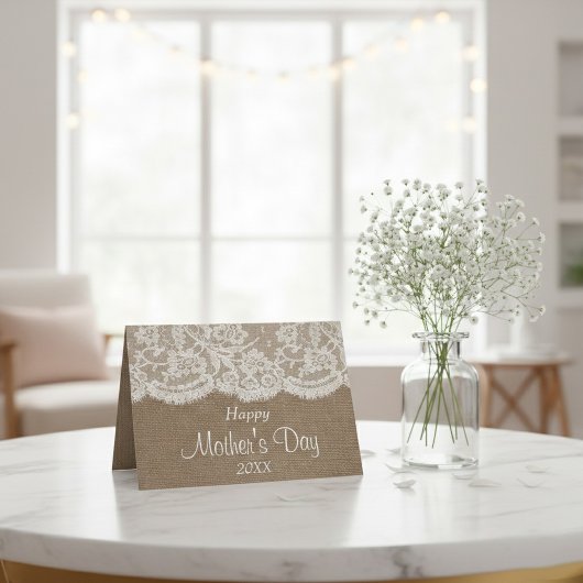 Witte kant op rustieke jute Happy Moederdag Kaart