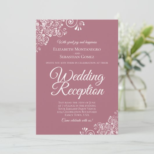 Witte kant op stoffige roos Elegante trouwreceptie Kaart (Staand voorkant)