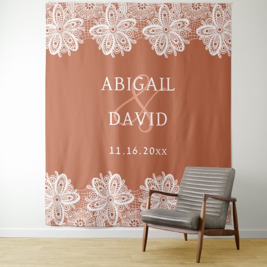 Witte kant op Terracotta bruiloft achtergrond Wandkleed (In situ)