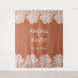 Witte kant op Terracotta bruiloft achtergrond Wandkleed