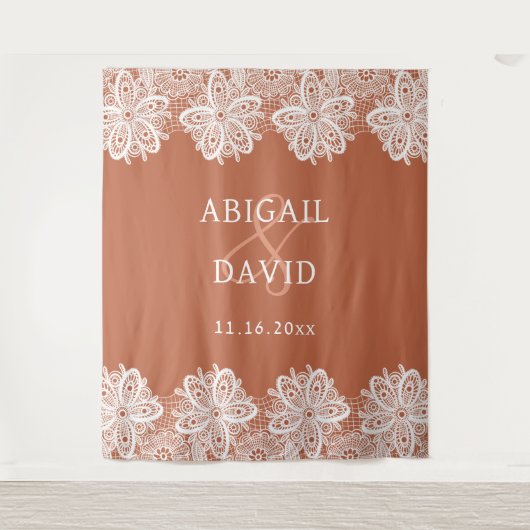 Witte kant op Terracotta bruiloft achtergrond Wandkleed (Voorkant)