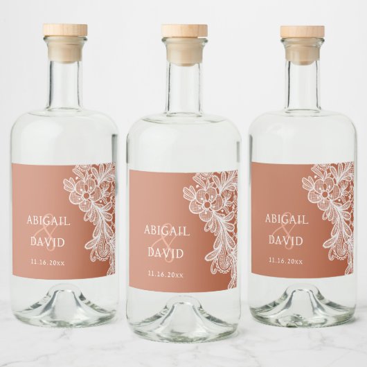 Witte kant op Terracotta bruiloft Likeurfles Etiket (Flessen)