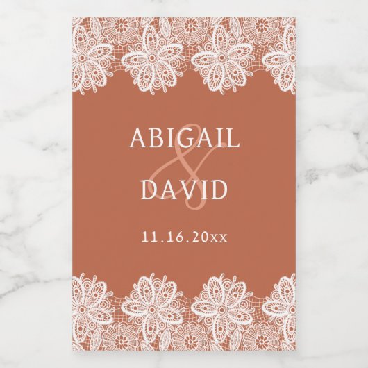 Witte kant op Terracotta bruiloft Mini Wijn Etiket (Enkel label)