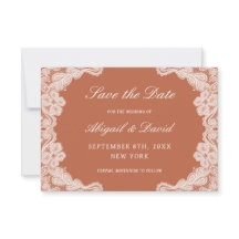 Witte kant op Terracotta bruiloft Save The Date