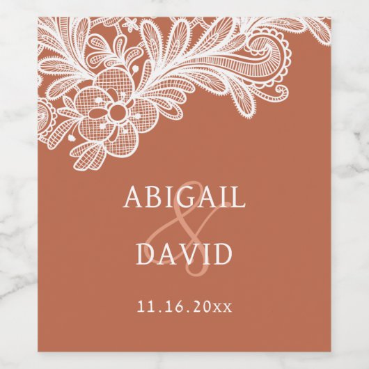 Witte kant op Terracotta bruiloft Wijn Etiket (Enkel label)