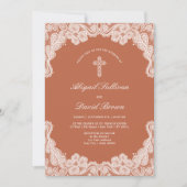 Witte kant op Terracotta religieuze bruiloft Kaart (Voorkant)