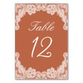 Witte kant op terracotta tafel nummer kaart (Achterkant)
