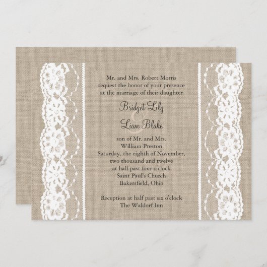 Witte kant op uitnodiging voor bruiloft rond Burla (Voorkant / Achterkant)