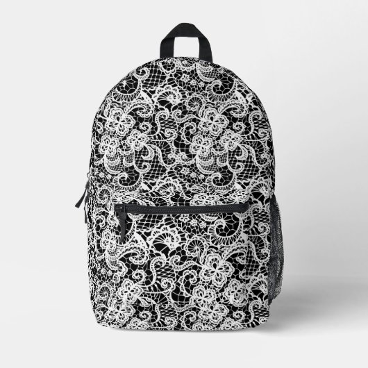Witte kant op zwart bedrukte rugzak (Voorkant)