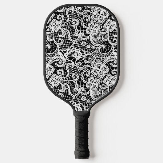 Witte kant op zwart pickleball paddle (Voorkant)