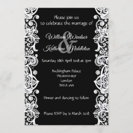 Witte kant op zwarte achtergrond bruiloft uitnodig kaart
