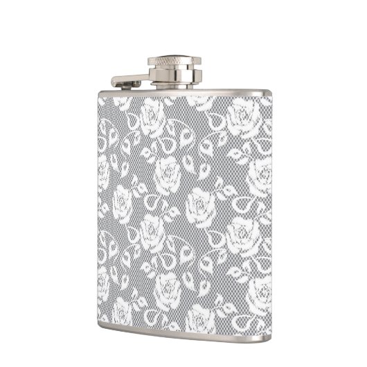 Witte kant patroon op grijze achtergrond heupfles (Links)