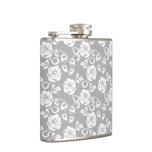 Witte kant patroon op grijze achtergrond heupfles (Rechts)