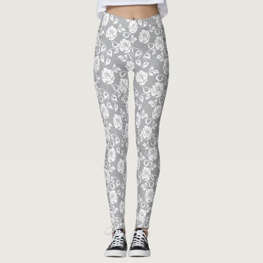 Witte kant patroon op grijze achtergrond leggings (Voorkant)