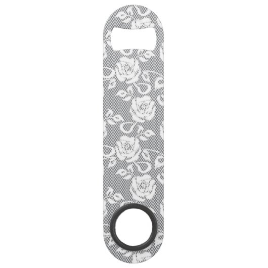 Witte kant patroon op grijze achtergrond speed flessenopener (Voorkant)