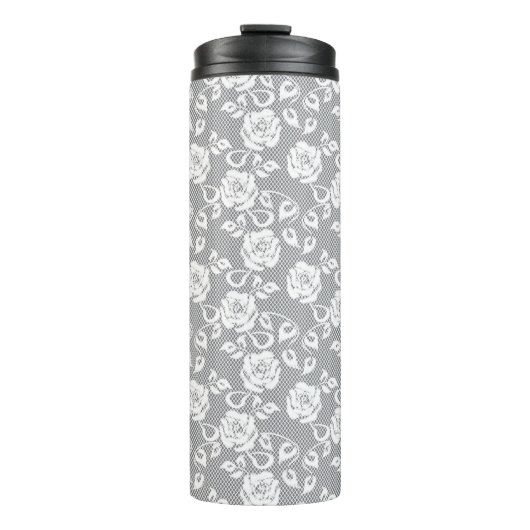 Witte kant patroon op grijze achtergrond thermosbeker (Voorkant)