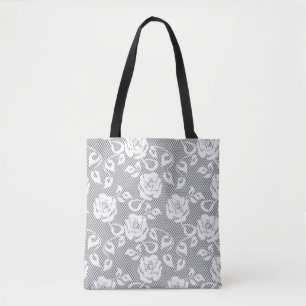 Witte kant patroon op grijze achtergrond tote bag