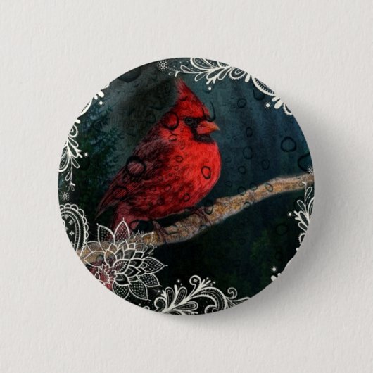 Witte kant primitieve kerst rode kardinaal ronde button 5,7 cm (Voorkant)