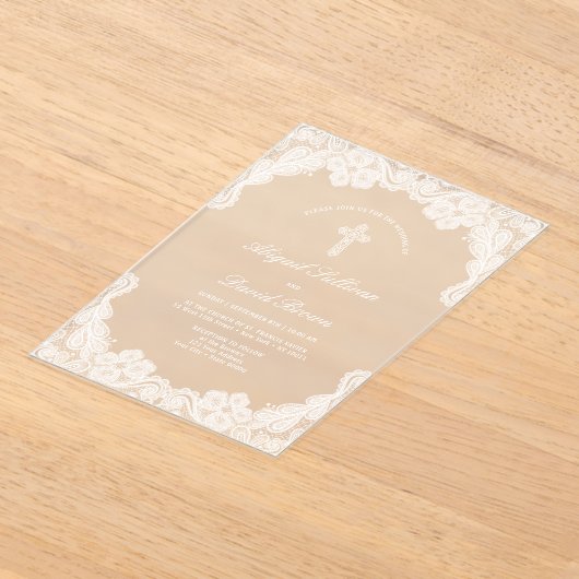 Witte kant religieuze bruiloft acryl uitnodigingen (Laagn)