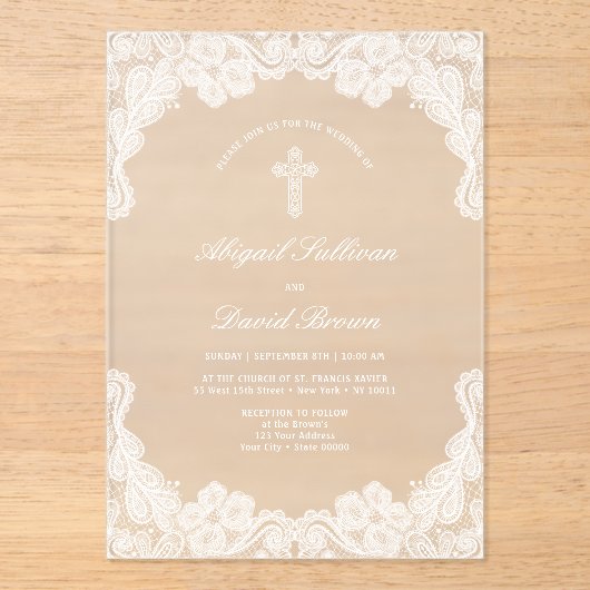 Witte kant religieuze bruiloft acryl uitnodigingen (Voorkant)