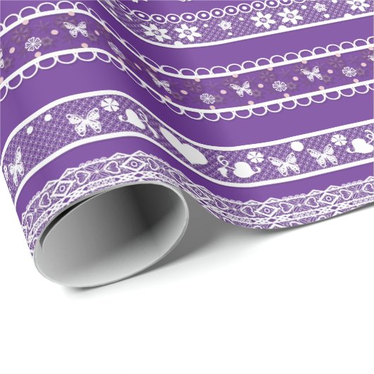 Witte kant Romantische kant Decor Elegant Paarse Cadeaupapier (Rol Hoek)