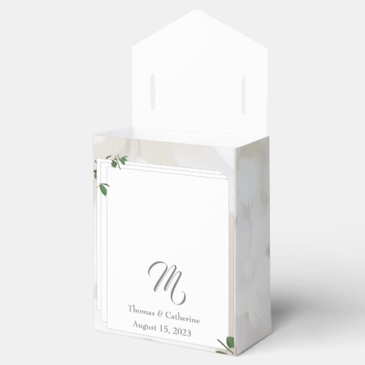 Witte Kant & Roos bladeren Monogram Bedankdoosjes (Geopend)