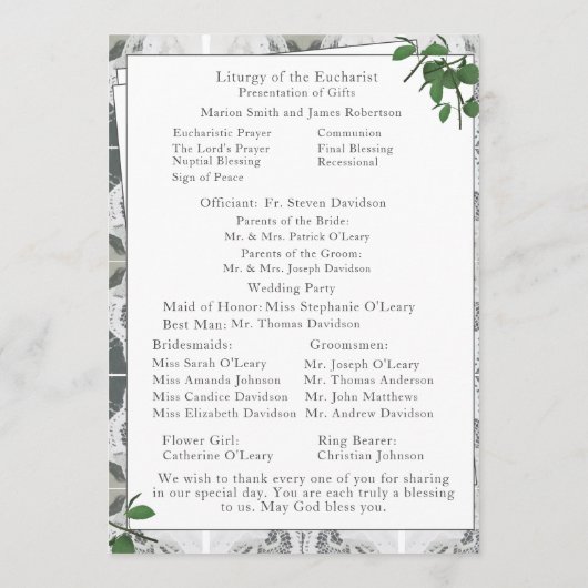 Witte kant & Roos bladeren nuptiale massa Programmakaart (Achterkant)