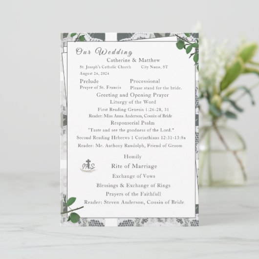 Witte kant & Roos bladeren nuptiale massa Programmakaart (Staand voorkant)