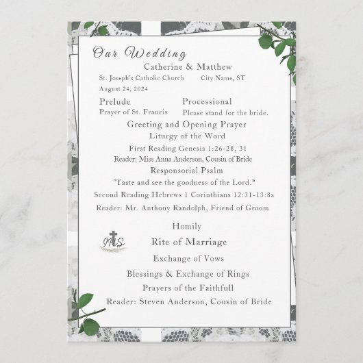 Witte kant & Roos bladeren nuptiale massa Programmakaart (Voorkant)