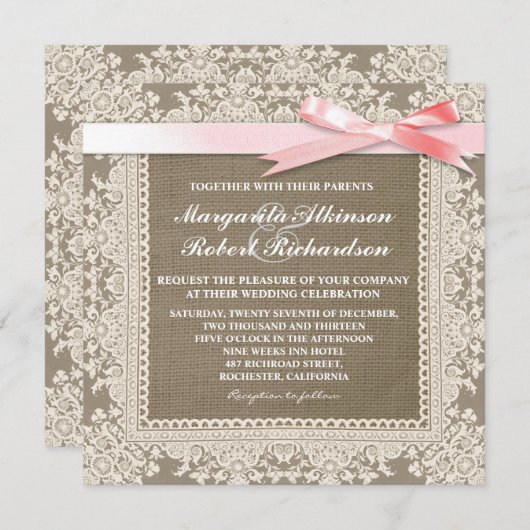 Witte kant roze boog & jute bruiloft uitnodigingen (Voorkant / Achterkant)