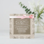 Witte kant roze boog & jute bruiloft uitnodigingen (Staand voorkant)
