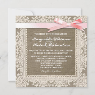 Witte kant roze boog & jute bruiloft uitnodigingen