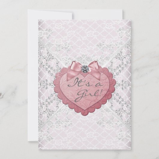 Witte kant Roze Hart Roze Wit Baby Meisje Douche Kaart (Voorkant)