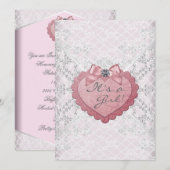 Witte kant Roze Hart Roze Wit Baby Meisje Douche Kaart (Voorkant / Achterkant)