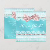 Witte kant Roze lint Blauwgroen blauw Baby shower Kaart (Voorkant / Achterkant)