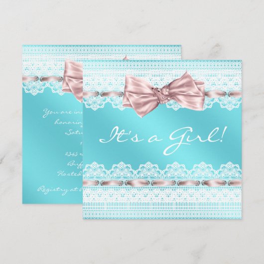 Witte kant Roze lint Blauwgroen blauw Baby shower Kaart (Voorkant / Achterkant)