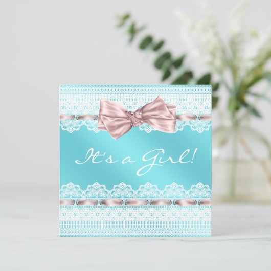 Witte kant Roze lint Blauwgroen blauw Baby shower Kaart (Staand voorkant)