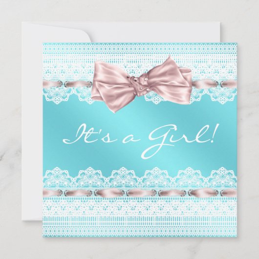 Witte kant Roze lint Blauwgroen blauw Baby shower Kaart (Voorkant)