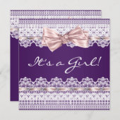 Witte kant Roze lint Meisje Paarse Baby shower Kaart (Voorkant / Achterkant)