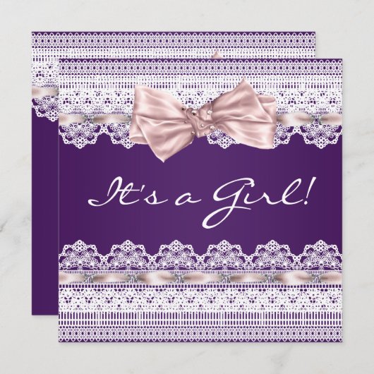 Witte kant Roze lint Meisje Paarse Baby shower Kaart (Voorkant / Achterkant)