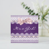 Witte kant Roze lint Meisje Paarse Baby shower Kaart (Staand voorkant)