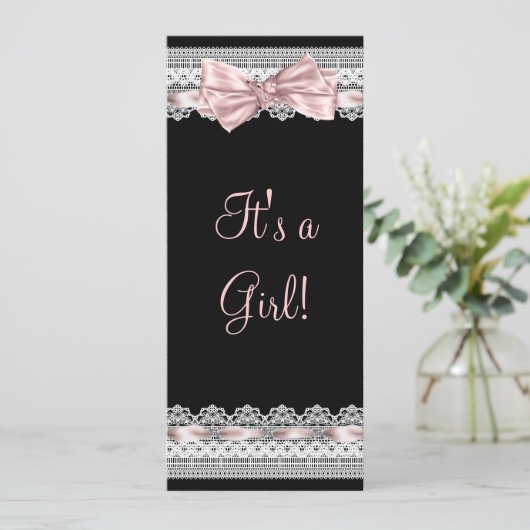 Witte kant Roze lint Roze en zwart Baby shower Kaart (Staand voorkant)